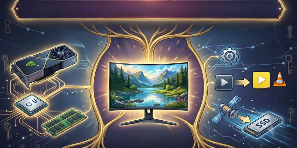 A sleek laptop playing a vibrant 4K cityscape video with media player controls